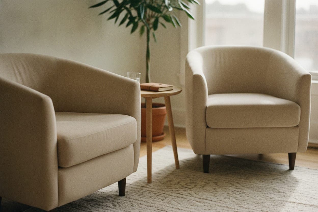 Two upholstered armchairs angled toward each other beside a small wooden side table holding a water glass and a notebook, in a sunlit corner.