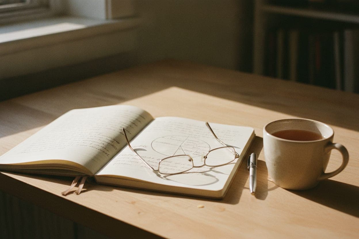 An open notebook covered in handwritten notes beside folded reading glasses, a pen and a mug on a wooden desk in low side light.