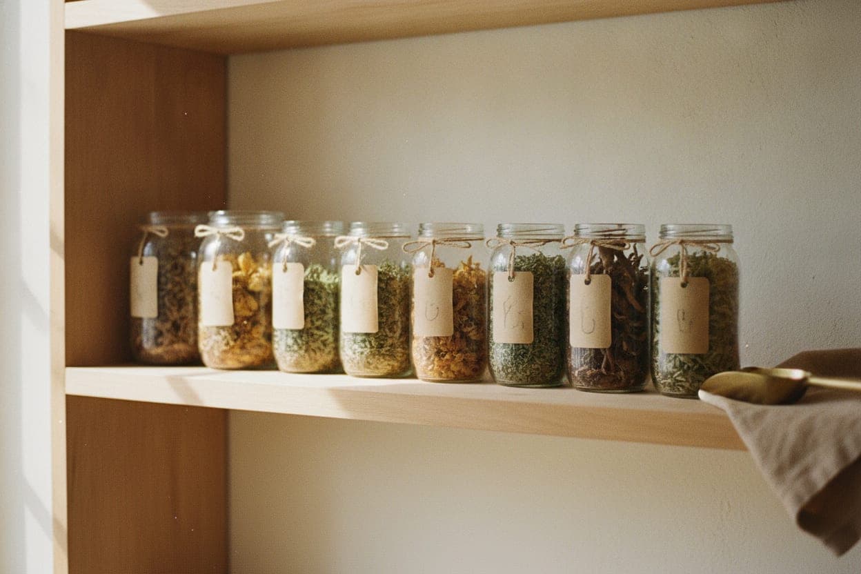 A wooden shelf of glass jars filled with dried herbs and flowers, each with a plain handwritten paper label, lit by soft side light.