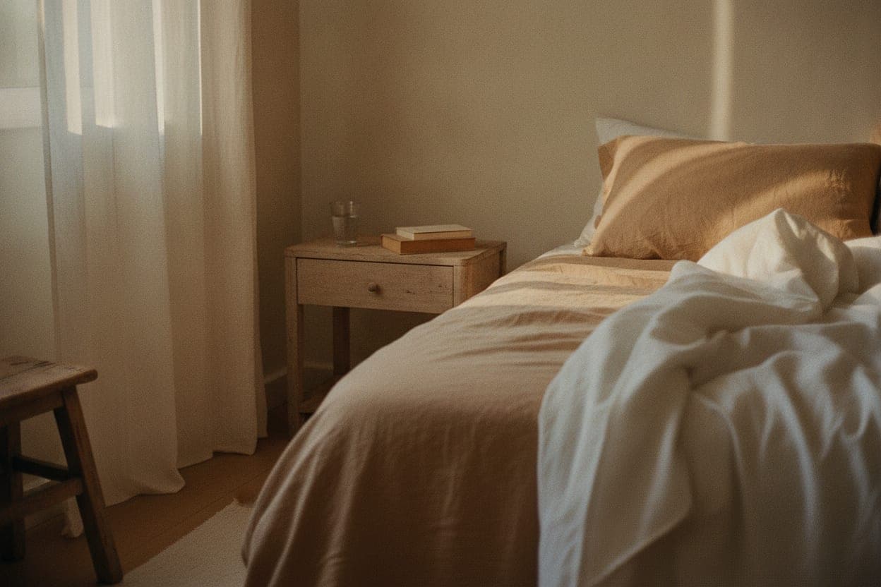 A rumpled linen bed beside a window at dawn, with a closed book and a glass of water on a wooden nightstand.
