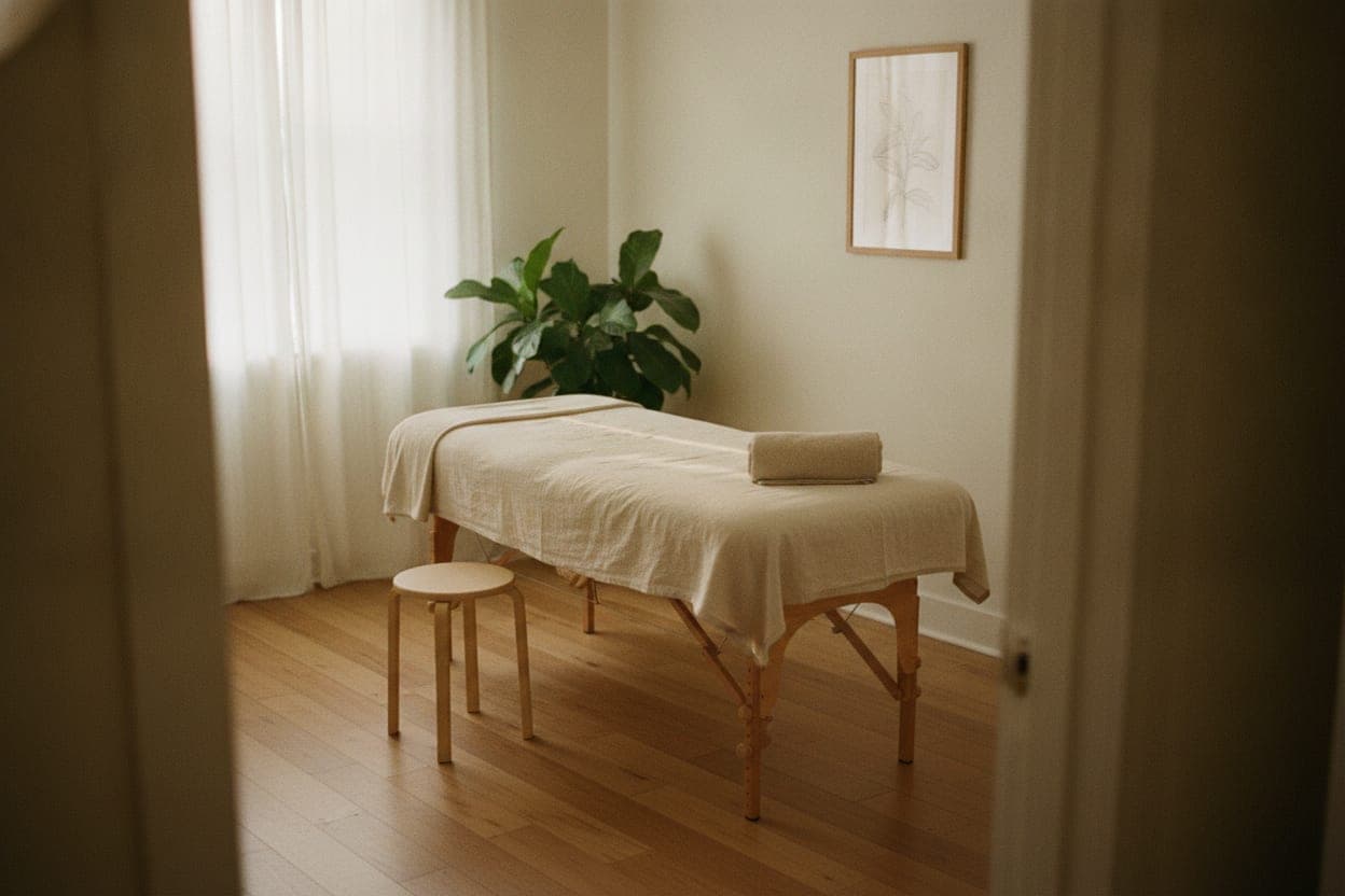 An empty treatment room with a padded therapy table under folded cream linens, a low wooden stool and a leafy plant beside a bright window.